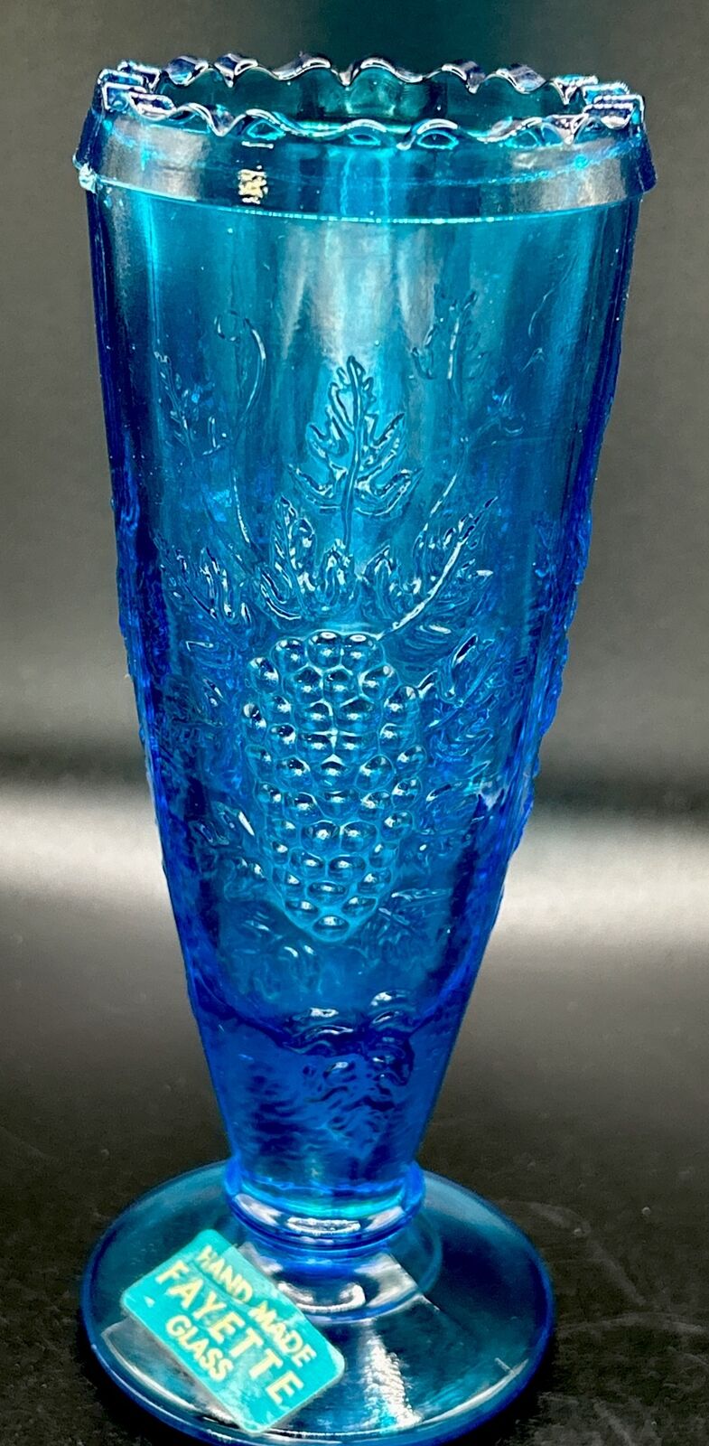 Vintage Hand Made Fayette Blue Glass Westmoreland? Panel Grape Footed 6.5” Vase.