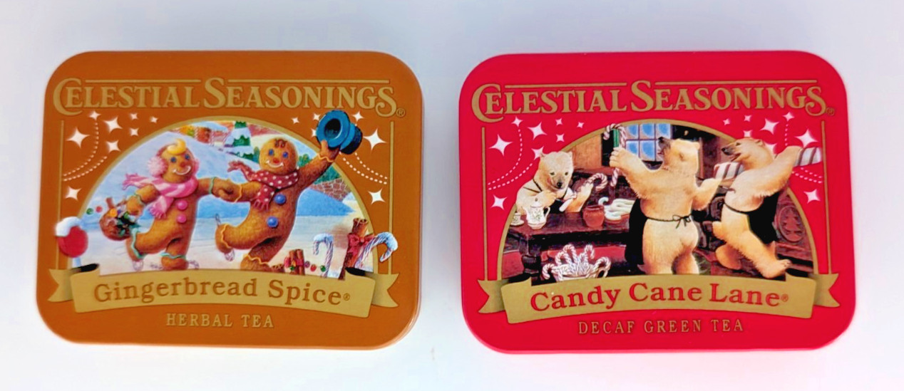 CELESTIAL SEASONINGS-2 Miniature Tea Tins, Candy Cane & Gingerbread (NEW/empty) CELESTIAL SEASONINGS-2 Miniature Tea Tins, Candy Cane & Gingerbread (NEW/empty)