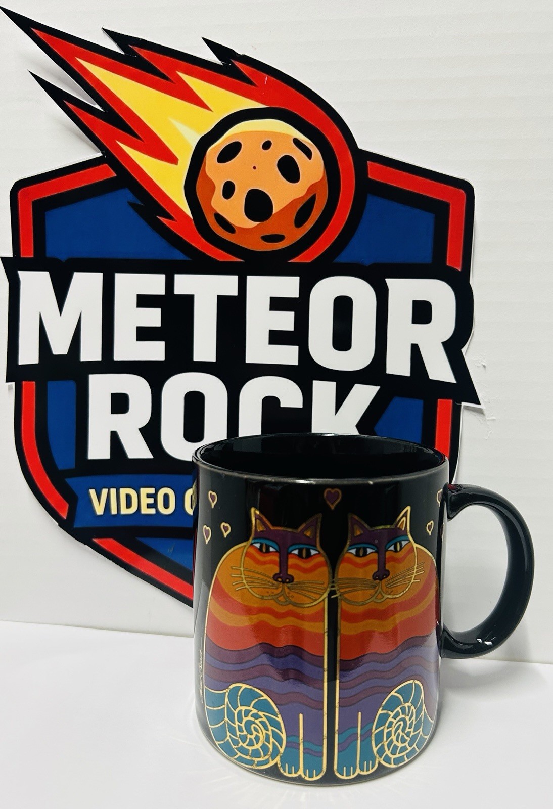 Vintage Laurel Burch Rainbow Cats Mug Black Gold Love Teal Purple Orange Coffee