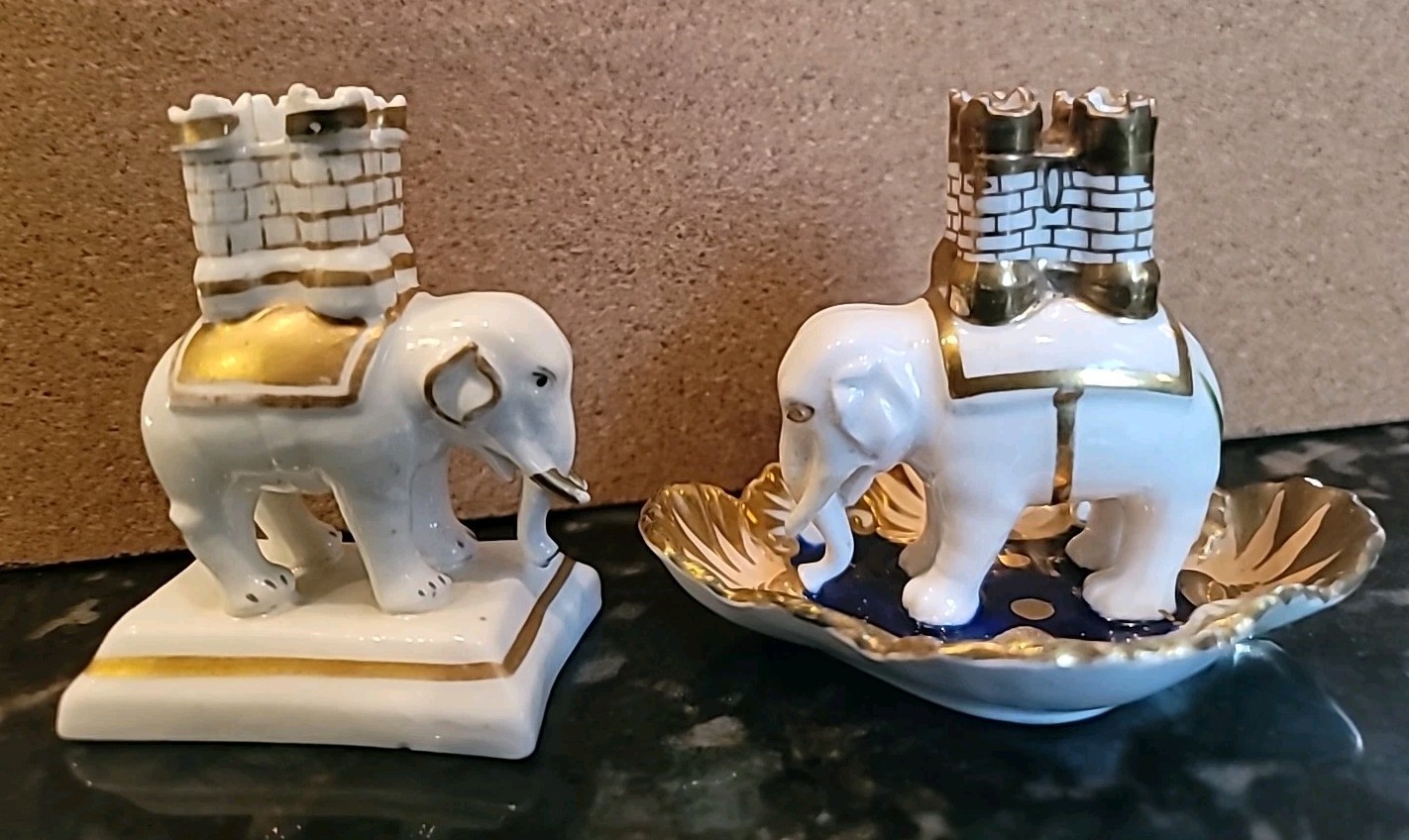 Elephant & Castle Quill Pen & Spill Holder Set Pair Old Paris Porcelain RARE Elephant & Castle Quill Pen & Spill Holder Set Pair Old Paris Porcelain RARE