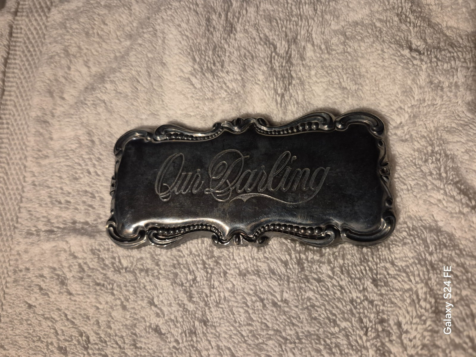 Antique Victorian Casket Plaque "Our Darling" Metal Sign Rat Rod Hood Ornament