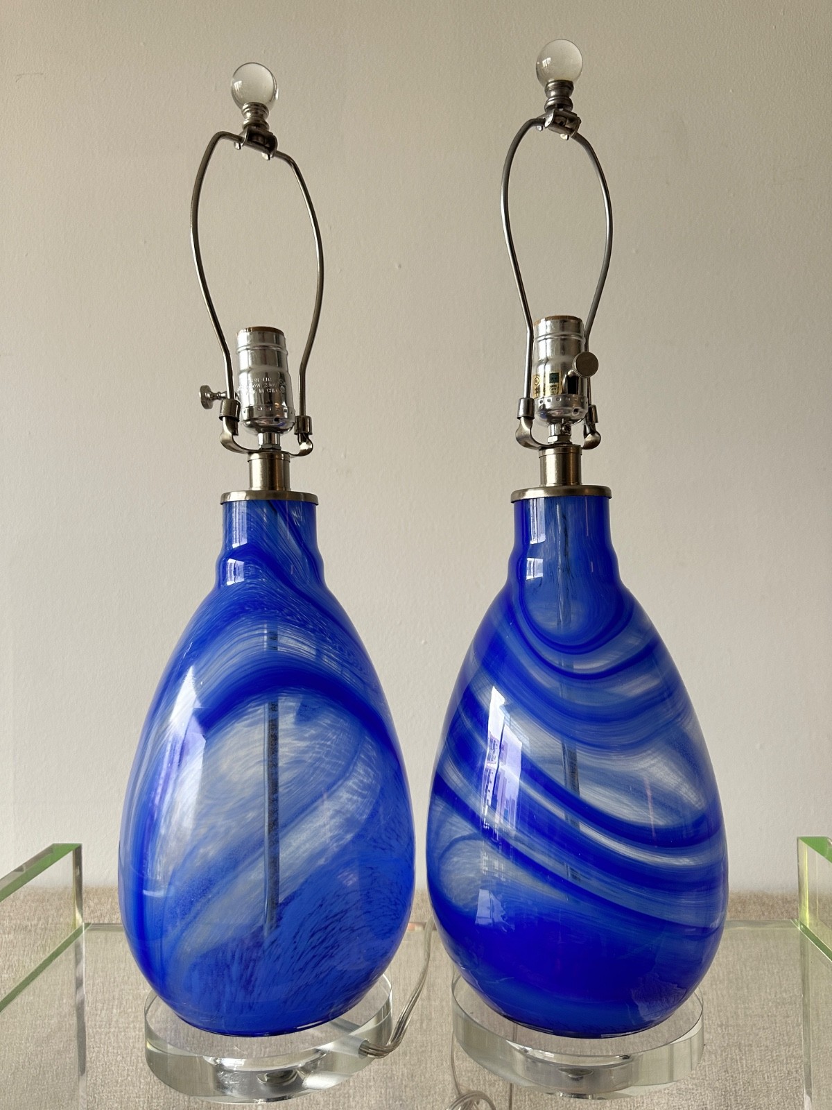 Pair Vintage Cobalt Blue Swirl Art Glass Table Lamps Lucite Bases MCM