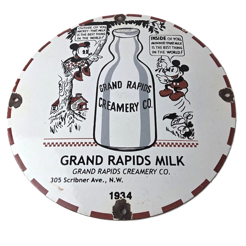 Vintage Grand Rapids Creamery Sign - Mickey Mouse Drink Milk Gas Service Sign