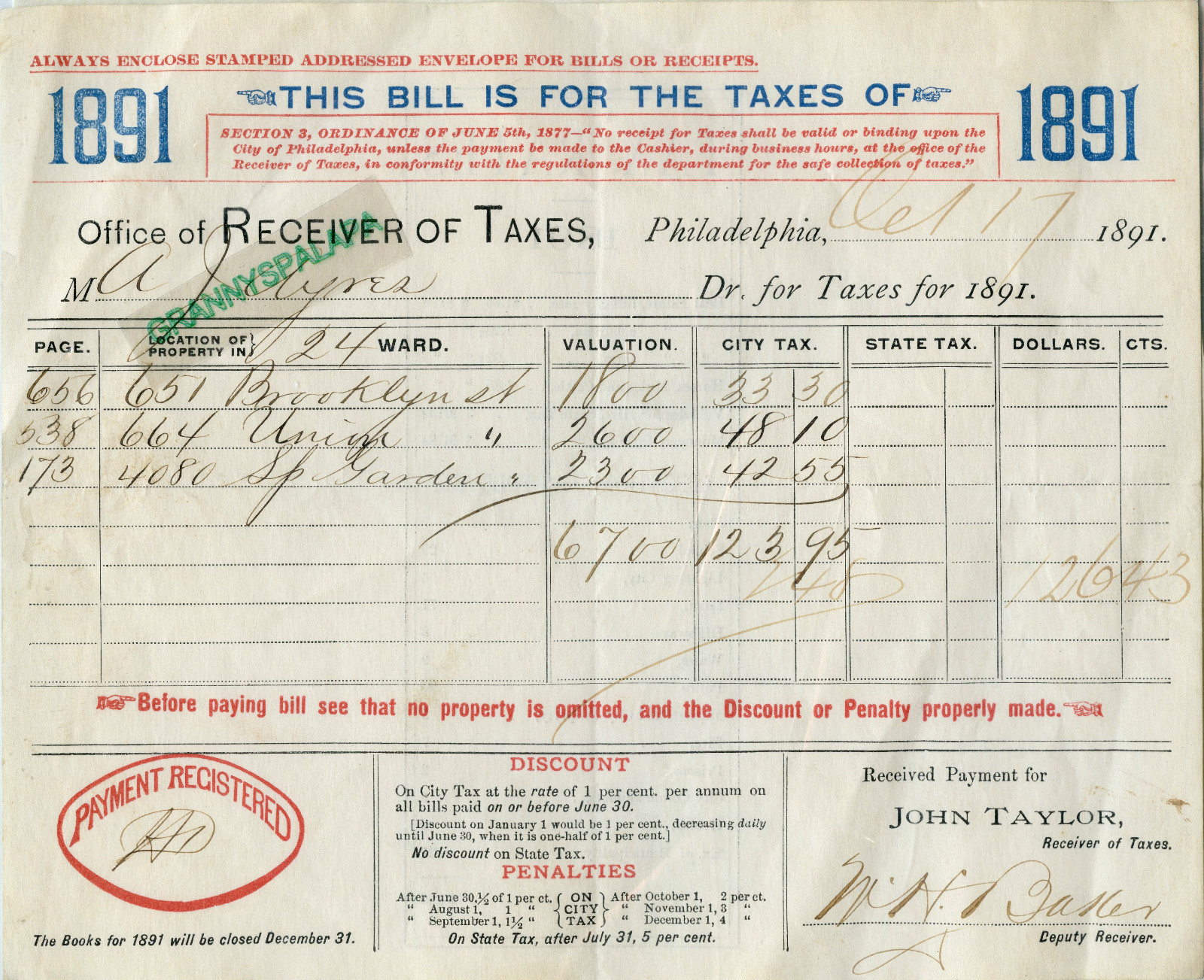 1891 Philadelphia, Pennsylvania Tax Bill - AYRES Family 