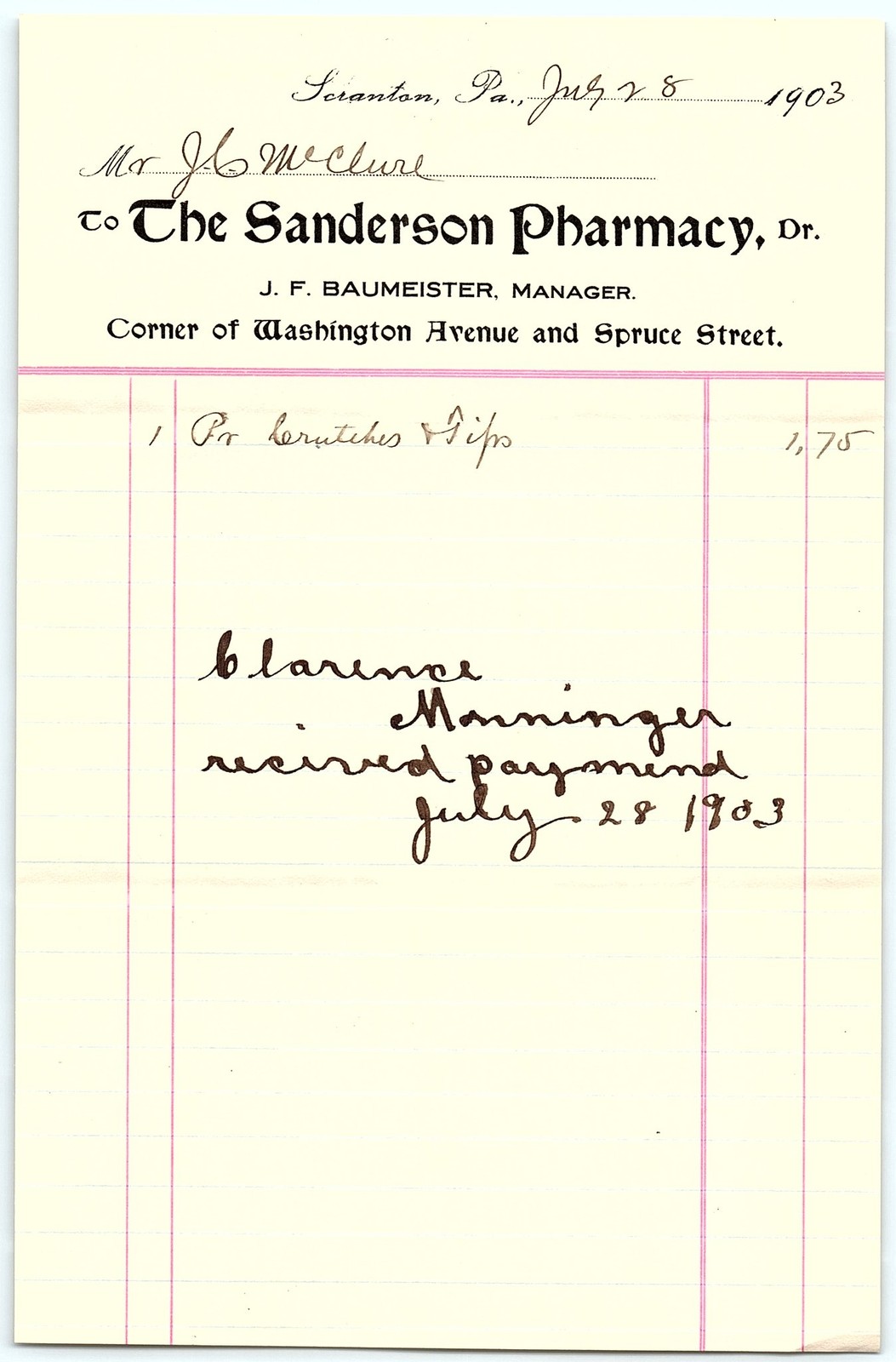 Vintage 1903 Scranton PA Pharmacy Paid Billhead Vintage 1903 Scranton PA Pharmacy Paid Billhead