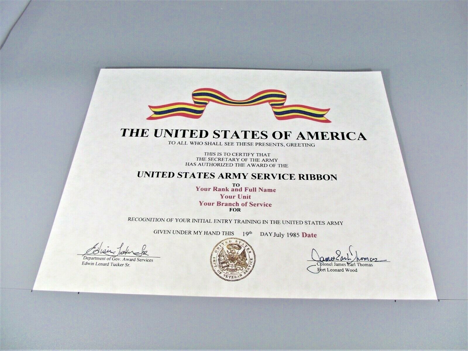 United States Army Service RIBBON Certificate   Army Service Ribbon