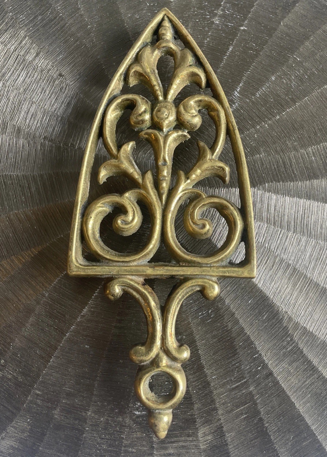 Antique Vintage Small Footed Solid Brass Scroll Work Iron Trivet Antique Vintage Small Footed Solid Brass Scroll Work Iron Trivet