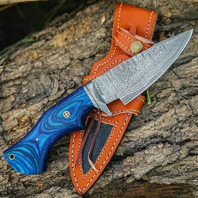 HAND MADE DAMASCUS STEEL BLUE HANDLE BEST BOWIE SKINNING HUNTING KNIFE W/SHEATH