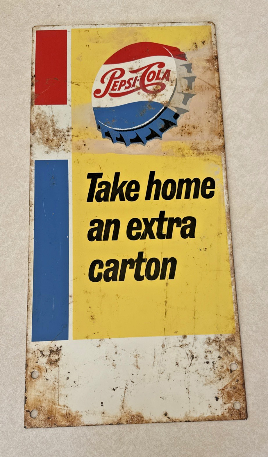 Vtg Original 2 SIDED PEPSI-COLA METAL SIGN Take Home An Extra Carton 17” X 8” Vtg Original 2 SIDED PEPSI-COLA METAL SIGN Take Home An Extra Carton 17” X 8”