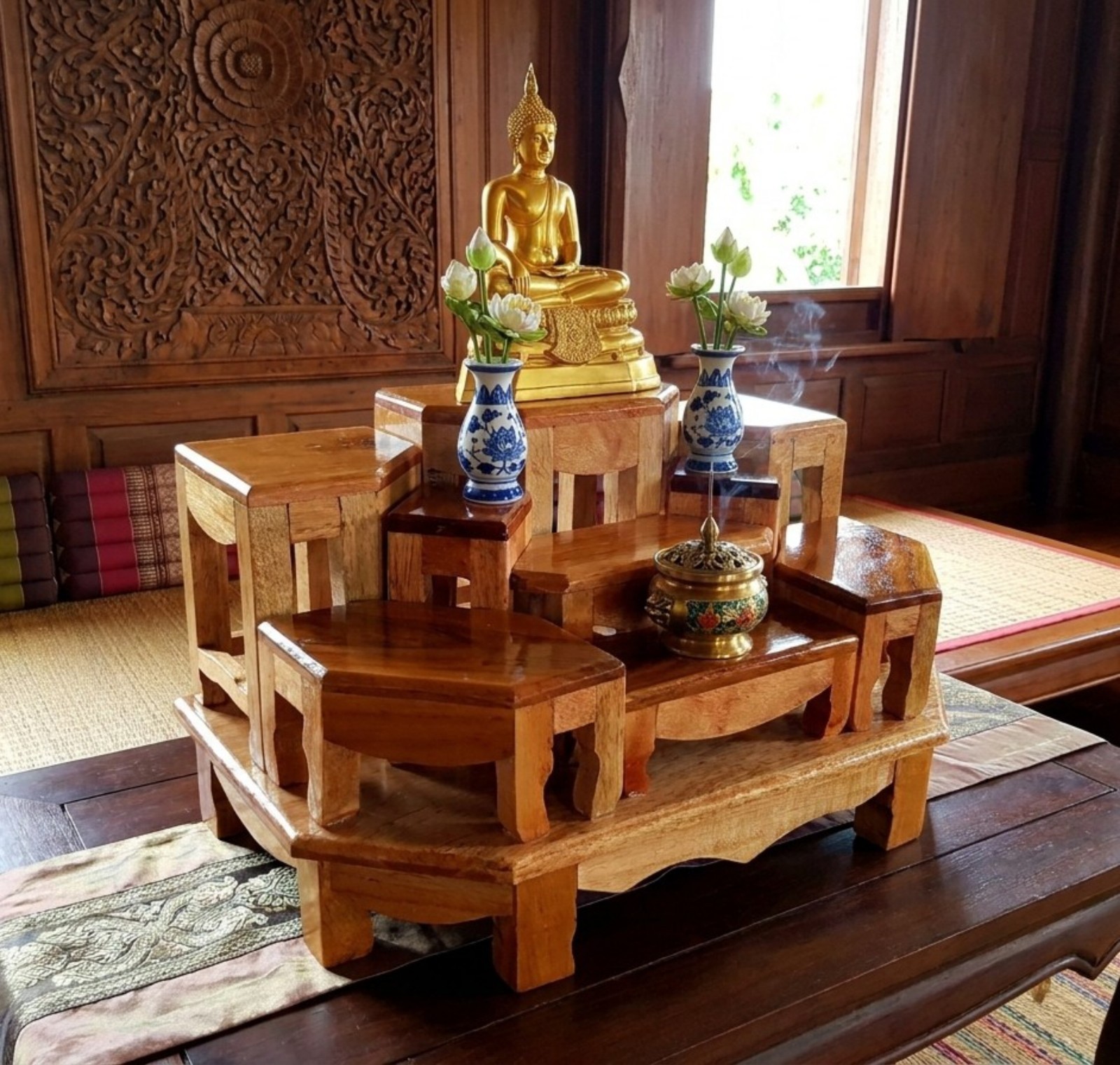 Small Wooden Altar Table for Meditation, Handmade Thai  Free Decor Accessories