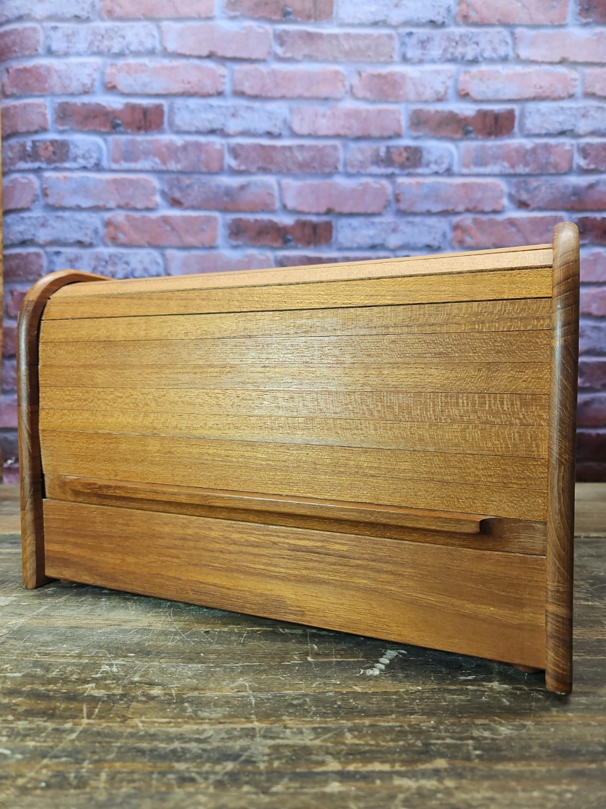 Vintage Mid Century Teak-Tech Tambour Roll Top Wood Storage Box Desk CD Holder