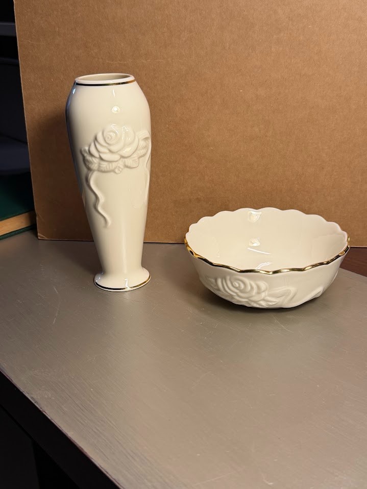 Lenox Fine Porcelain Rose Bud Vase Gold Trim Cream and Small Bowl