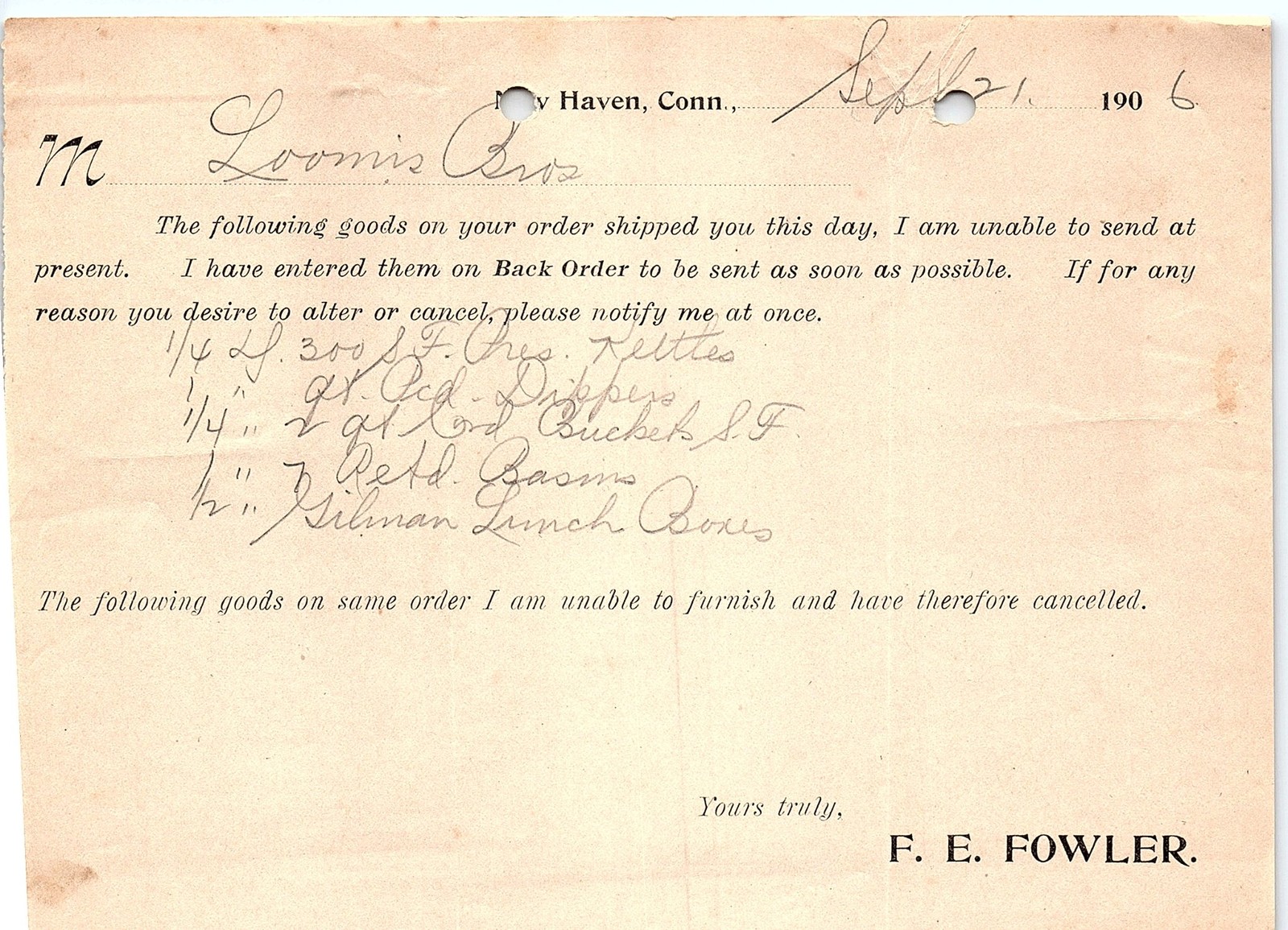 Vintage 1906 F. E. Fowler New Haven CT Back Order Billhead Vintage 1906 F. E. Fowler New Haven CT Back Order Billhead