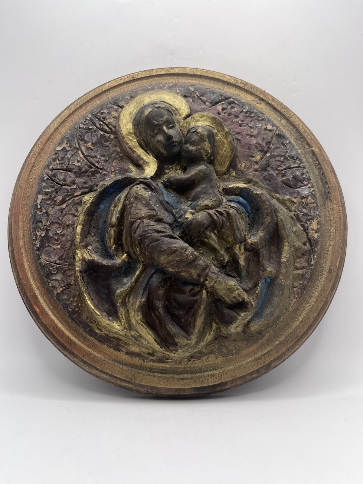Antique Madonna and Child Tondo Wall Plaque 11” Gilt Halo Religious Relief Antique Madonna and Child Tondo Wall Plaque 11” Gilt Halo Religious Relief