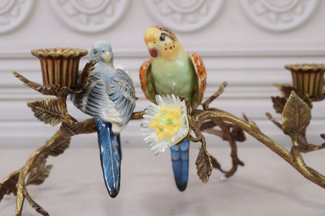 Parrot Candle Holder Porcelain & Bronze Hand-Painted Parakeets Flowering Branch