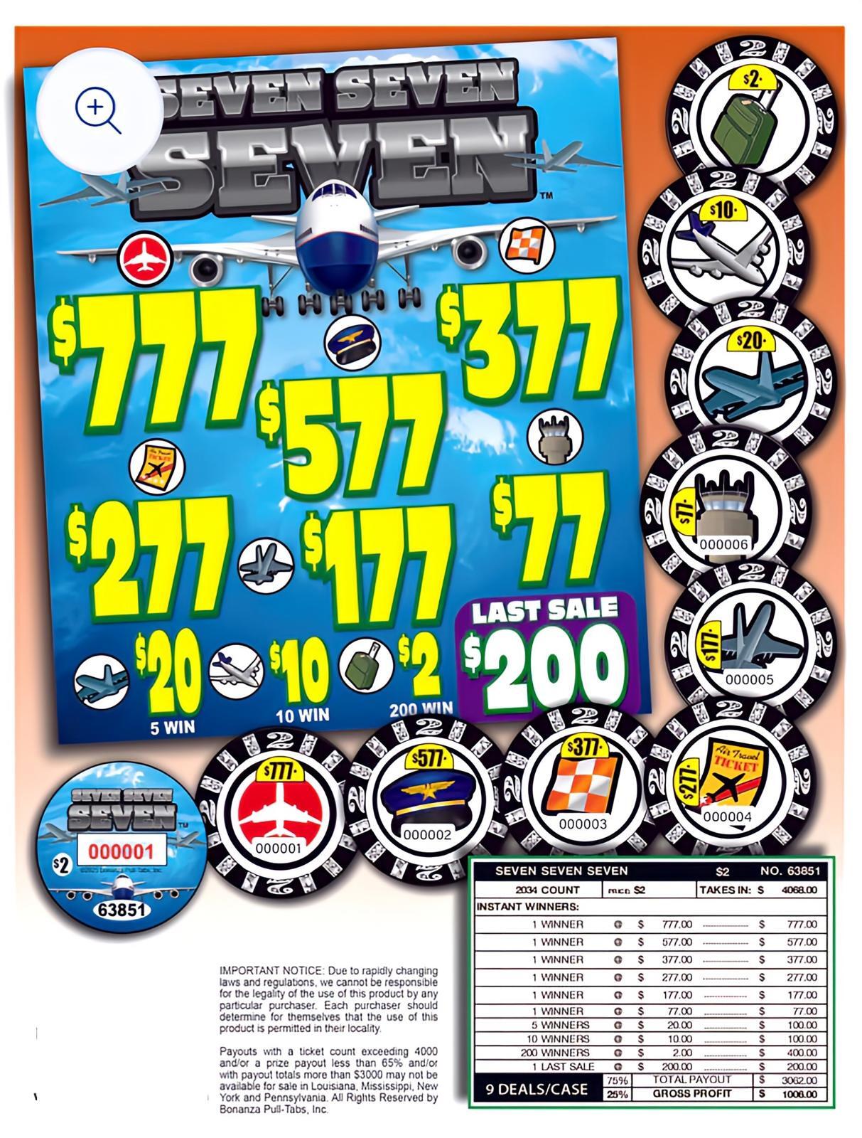 Pull Tab Ticket - Chip -$2 Ticket - Seven Seven Seven Last Sale- 2,034 ct Pull Tab Ticket - Chip -$2 Ticket - Seven Seven Seven Last Sale- 2,034 ct