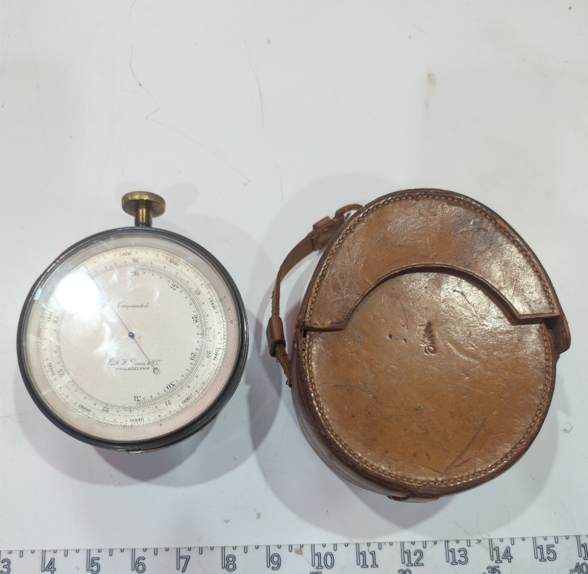 c.1890 Jas W Queen Compensated Aneroid Barometer with original leather case c.1890 Jas W Queen Compensated Aneroid Barometer with original leather case