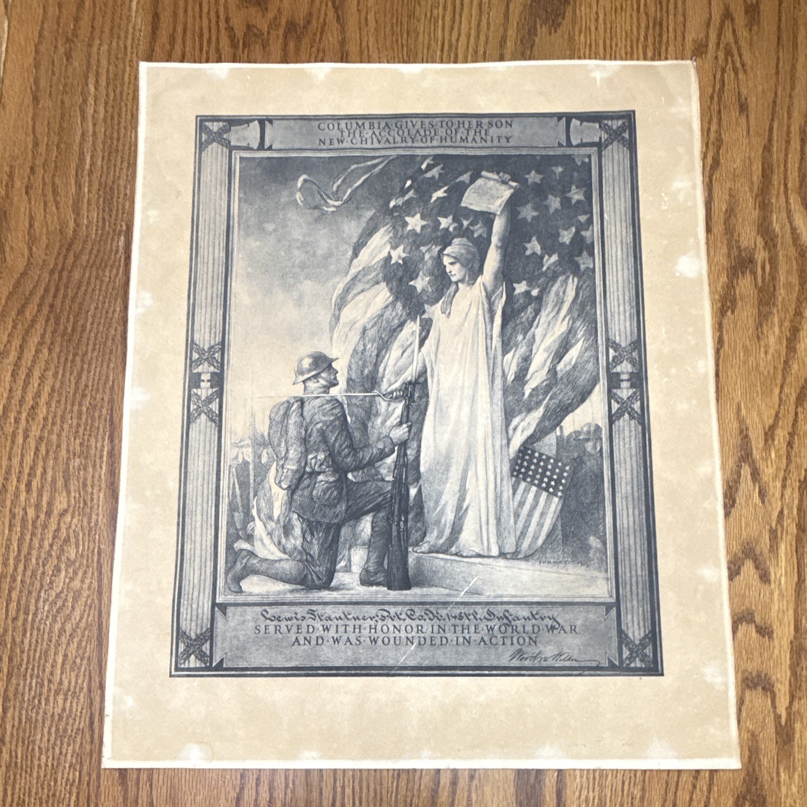 Original 1919 World War 1 Lithograph Wounded In Action Certificate
