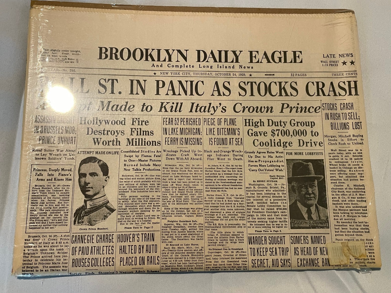 - 10/24/1929 Brooklyn Daily Wall Street Stock Market Crash Newspaper