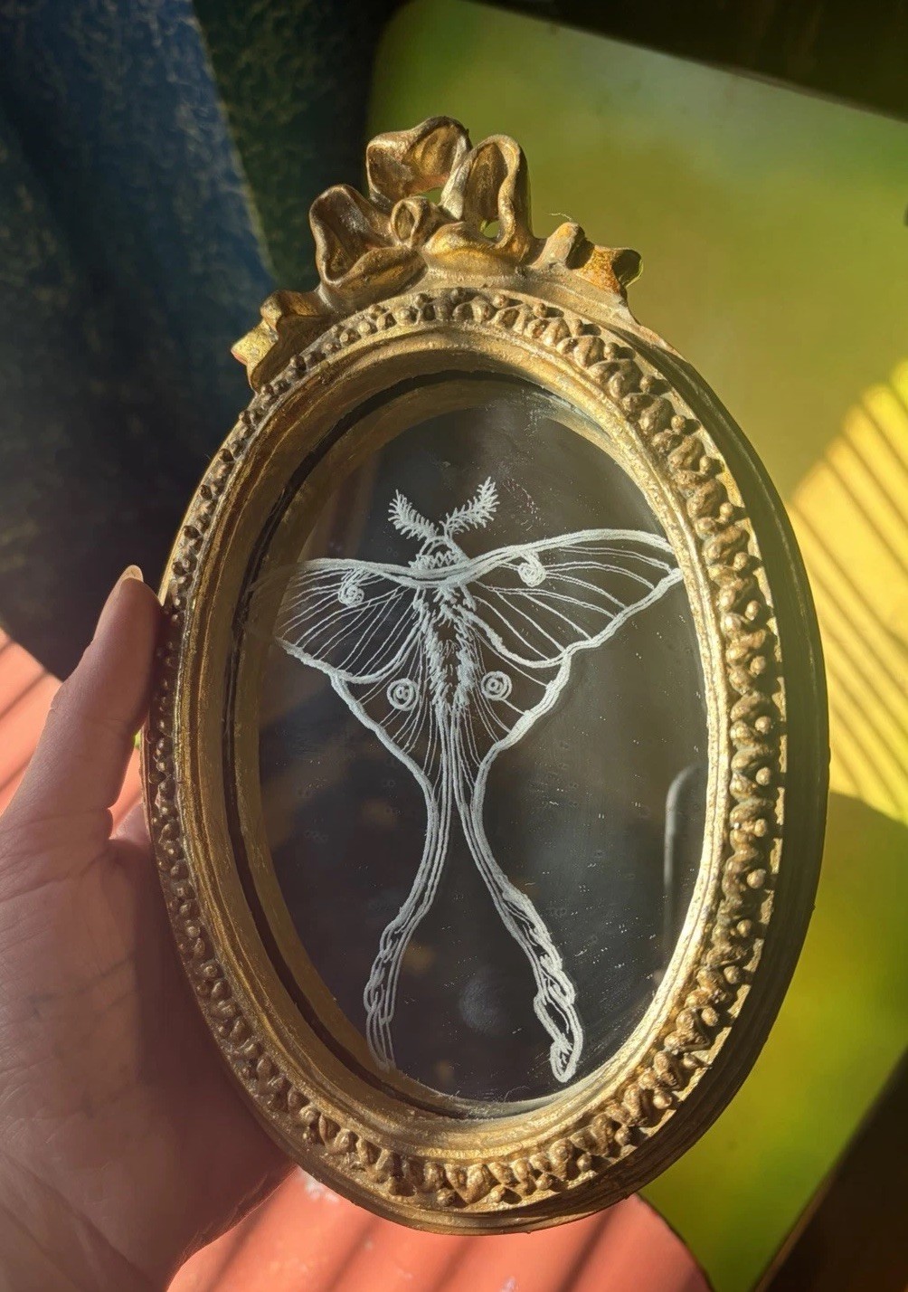 Handmade Glass Etching of A Luna Moth Ornate Vintage Gold Frame 8.5x5.5 Inch