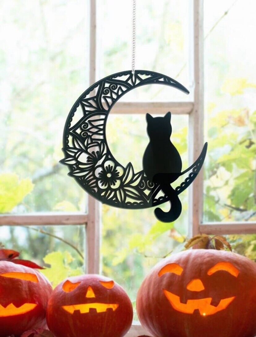Halloween Christmas Holiday Moon Black Cat Hanging Ornament 2D