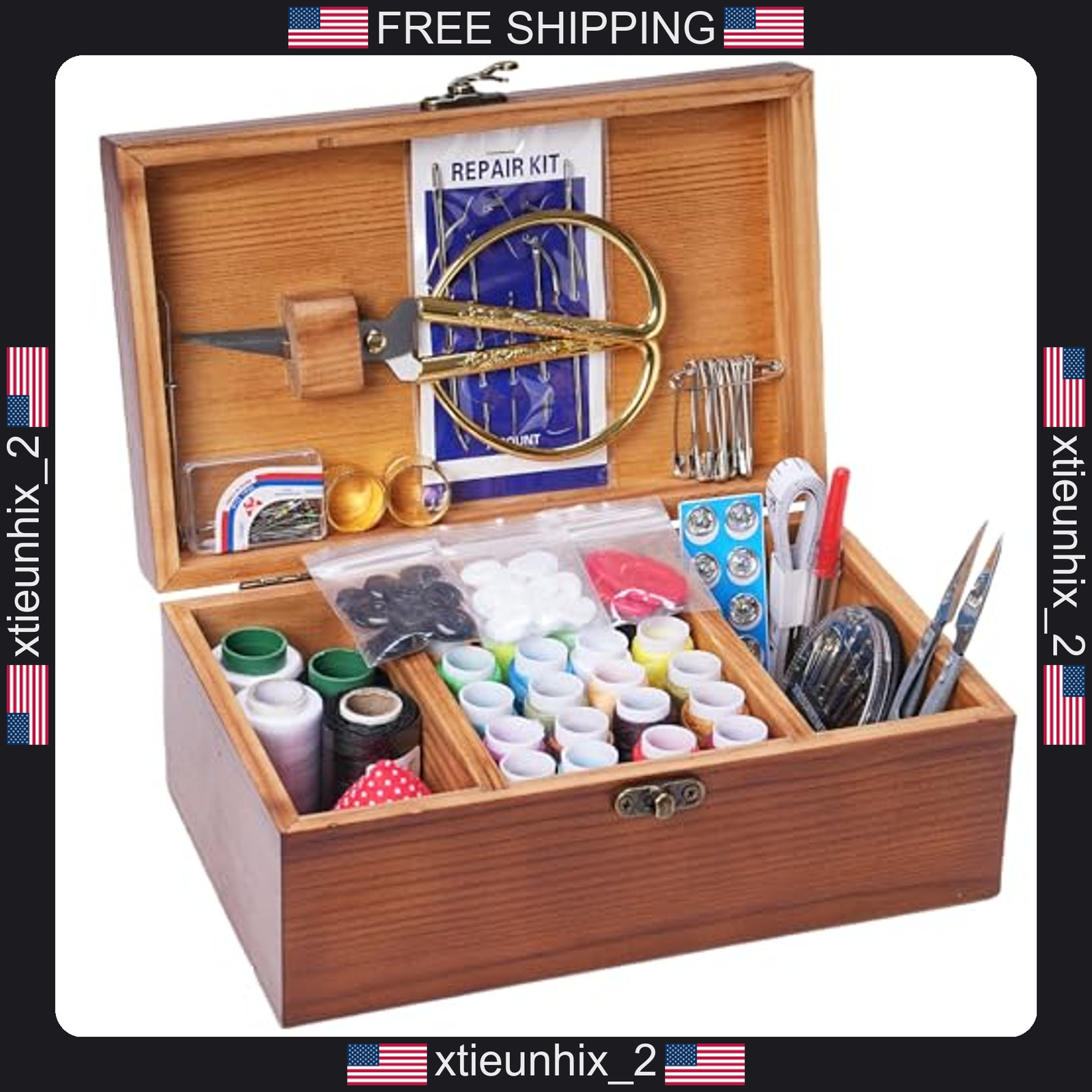 Wooden Sewing Kit Box with Needles Pins Buttons and Accessories for Adults Wooden Sewing Kit Box with Needles Pins Buttons and Accessories for Adults
