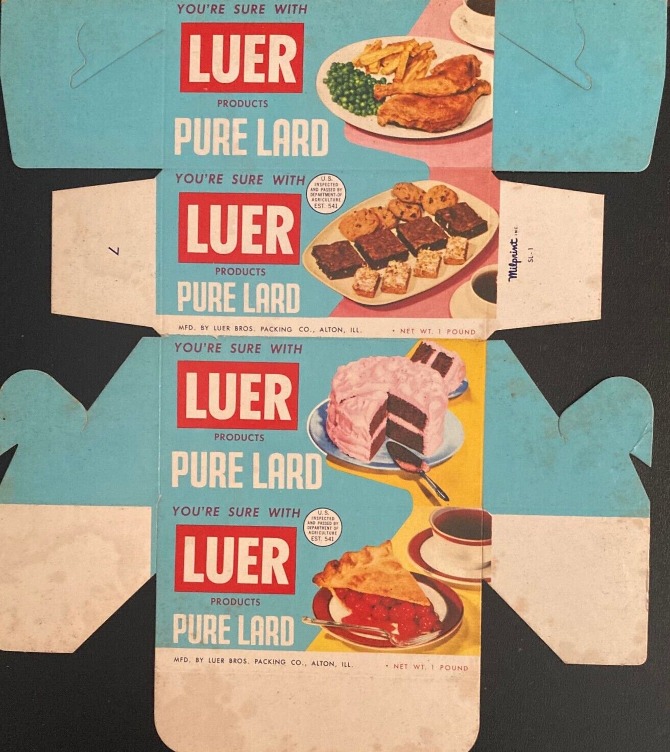Original & Vintage 1960's LUER PURE LARD Box - Alton, ILL 