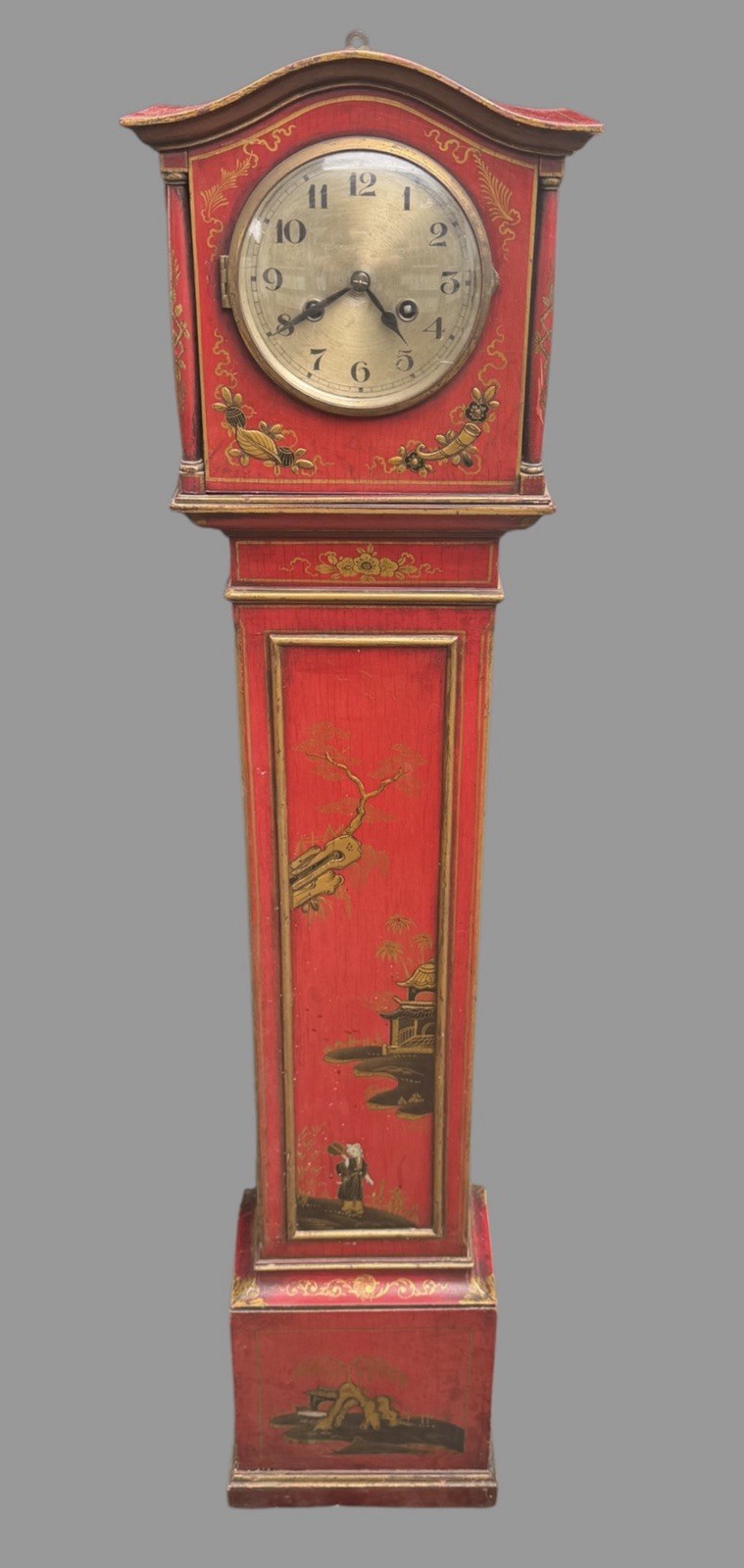 Antique 1920s English Chinoiserie Grandmother Clock Red Lacquer 50.5” Longcase Antique 1920s English Chinoiserie Grandmother Clock Red Lacquer 50.5” Longcase
