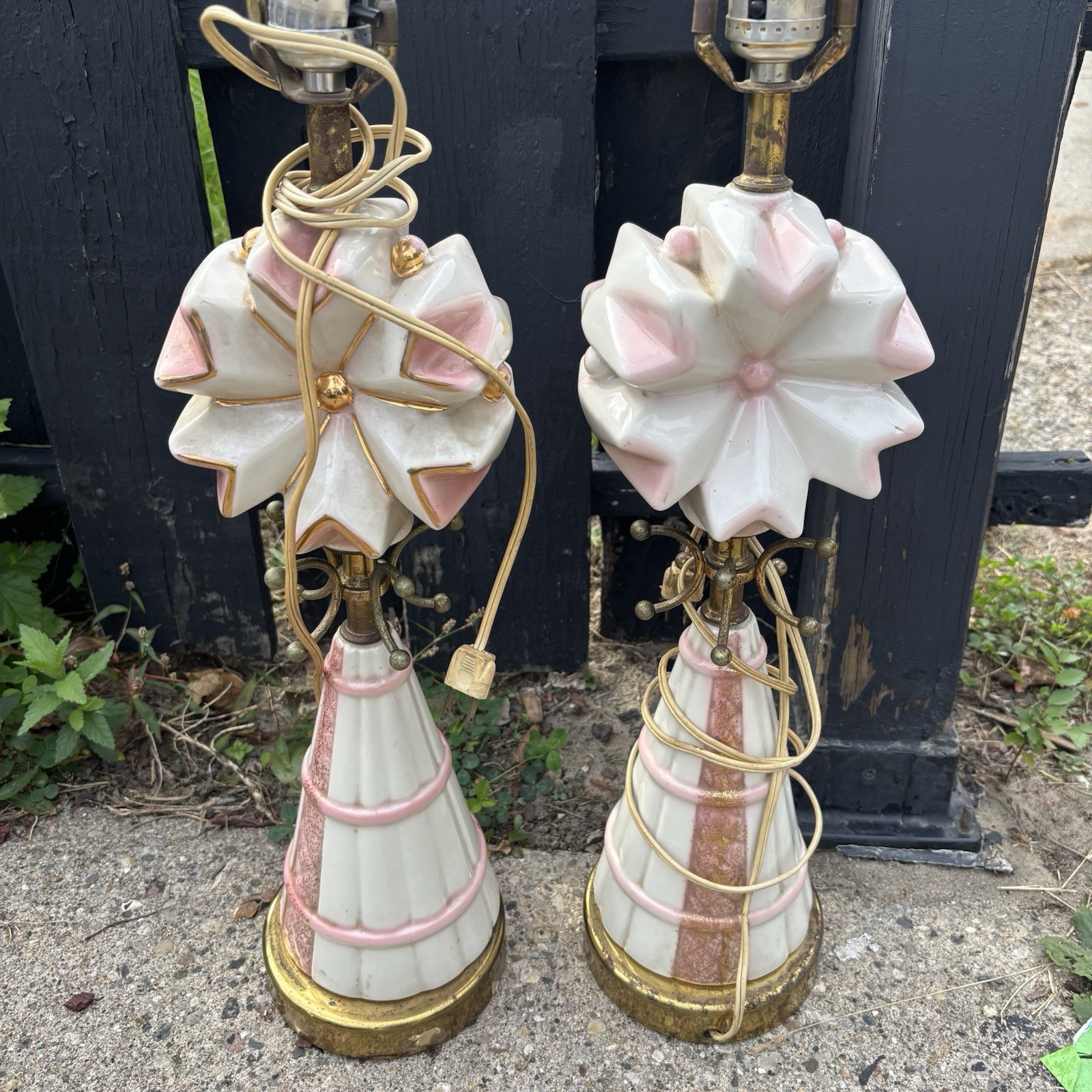 Vintage 1950s MCM Atomic Sputnik Pink Gold Ceramic Table Lamps Pair Vintage 1950s MCM Atomic Sputnik Pink Gold Ceramic Table Lamps Pair