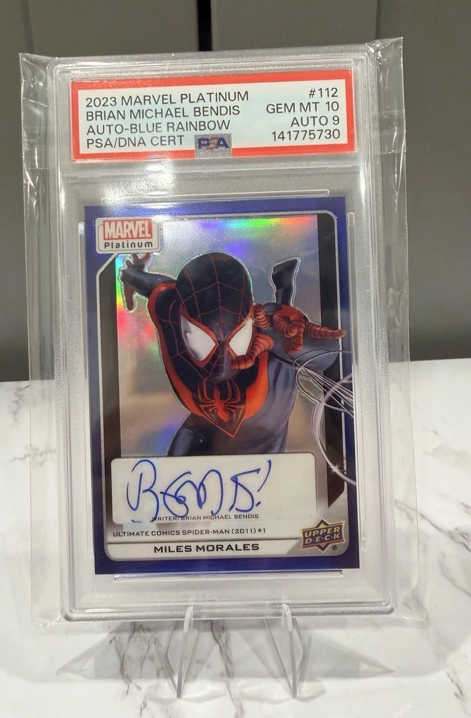 2023 Marvel Platinum Blue Rainbow Miles Morales Auto Bendis /15 PSA 10 POP 1 2023 Marvel Platinum Blue Rainbow Miles Morales Auto Bendis /15 PSA 10 POP 1