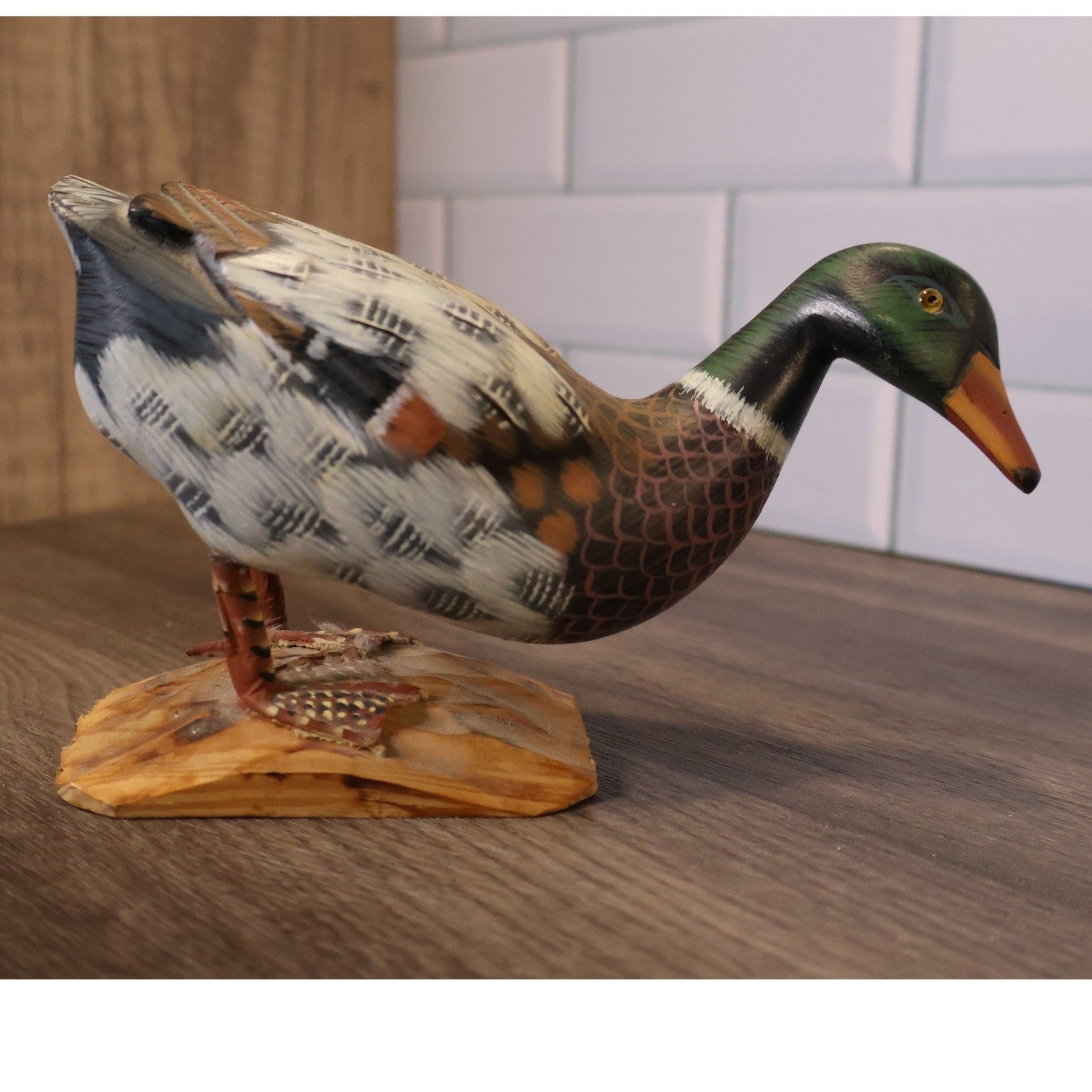 Vintage Hand Carved Painted Standing Mallard Duck Sculpture Wood Base Folk Art Vintage Hand Carved Painted Standing Mallard Duck Sculpture Wood Base Folk Art