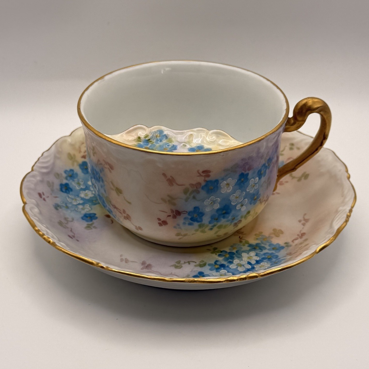 Antique T&V Limoges Mustache Cup Saucer Forget Me Not Floral Hand Painted Gold