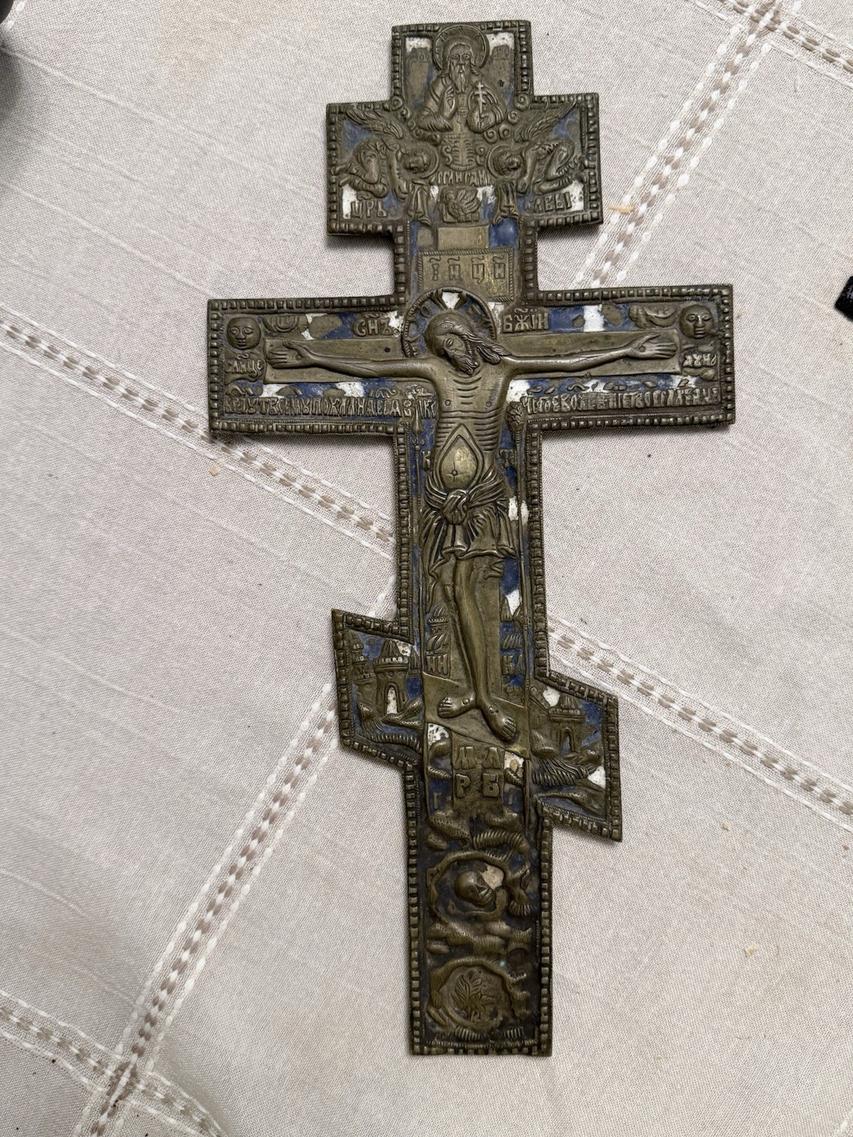 Antique Russian Orthodox Bronze & Enamel Crucifix - Old Believer Style Antique Russian Orthodox Bronze & Enamel Crucifix - Old Believer Style