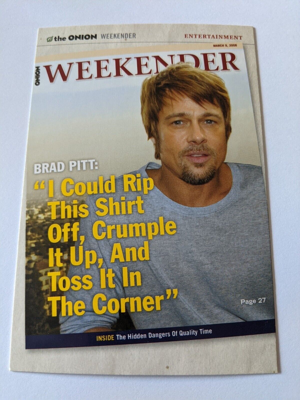 The Onion Postcard Funny Satire 2010 Brad Pitt quote & Dangers of Quality Time