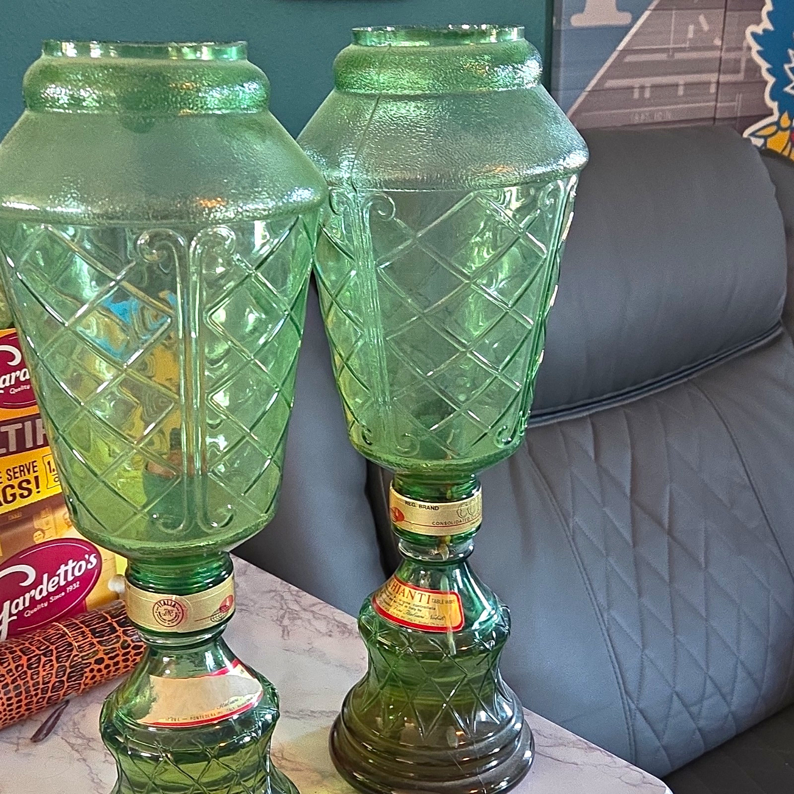 Pair (2) Green Glass Table Lamps w/ Shades Included, Shaded Design, Switch