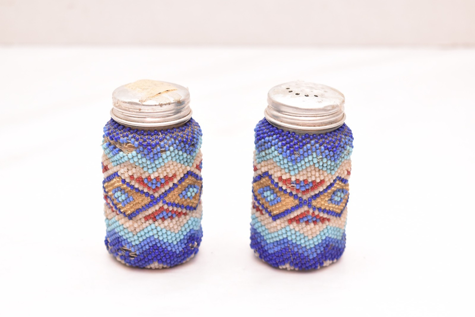 Vintage Paiute Indian Fully Beaded Salt Pepper Shaker Bottle Geometric Native-