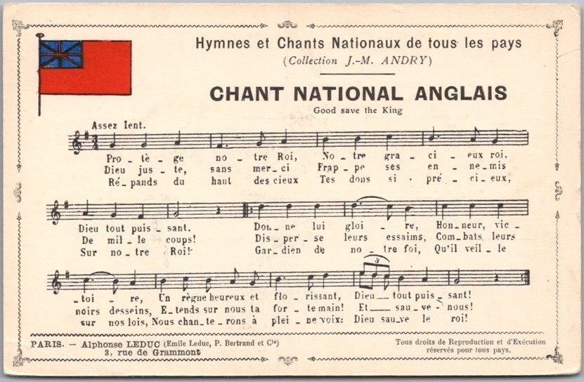 Vintage 1900s French "National Anthems" Postcard GOD SAVE THE KING / England