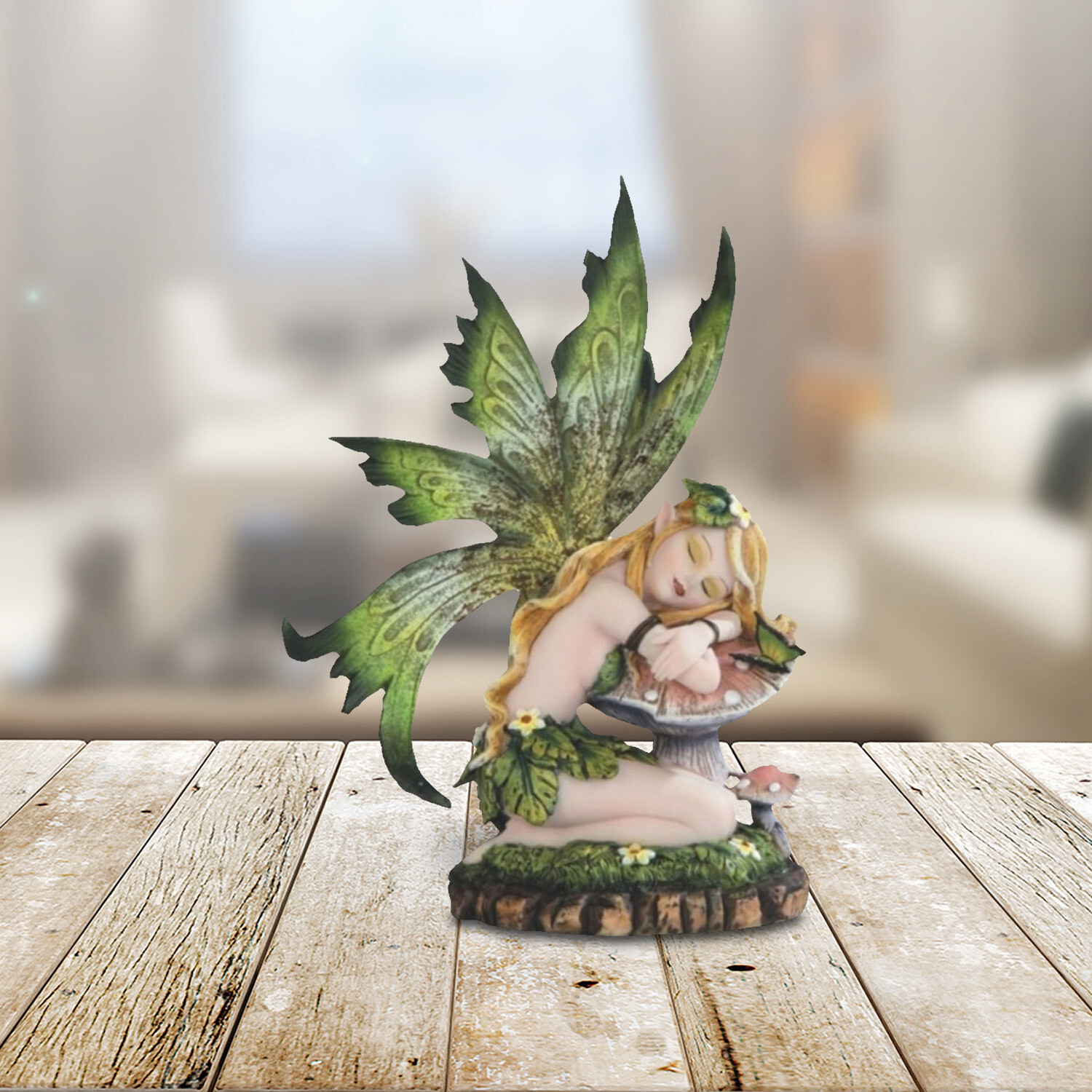 Forest Fairy Sleeping on Mushroom Statue 6"H Fantasy Figurine Room Decor