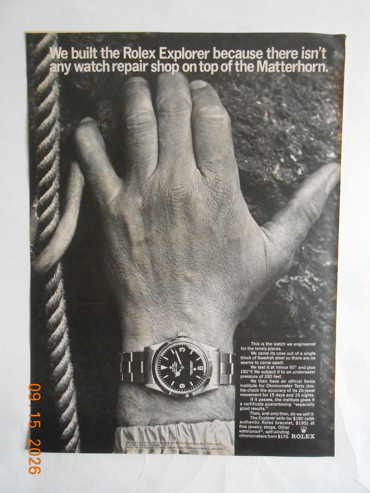 1966 Rolex Explorer wrist watch print ad Matterhorn mountain climber hand 1966 Rolex Explorer wrist watch print ad Matterhorn mountain climber hand