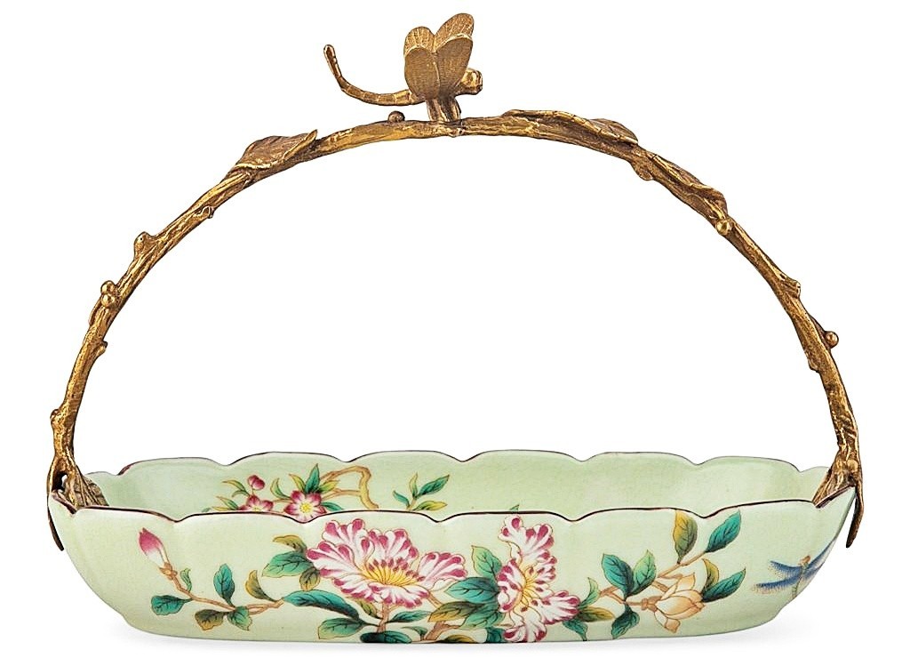 Colorful Porcelain Chinoiserie Oval Basket. Bronze Handle. Hand Painted - 8.5"L Colorful Porcelain Chinoiserie Oval Basket. Bronze Handle. Hand Painted - 8.5"L