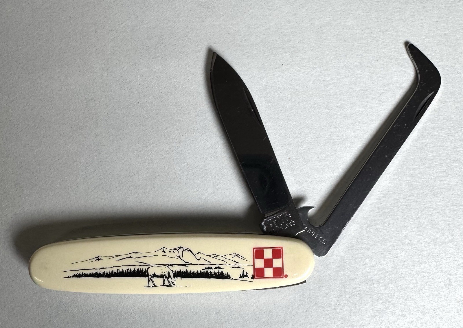 Vtg Scrimshaw Imperial Ireland Purina Omolene Horseman Pocket Knife/Hoof Pick Vtg Scrimshaw Imperial Ireland Purina Omolene Horseman Pocket Knife/Hoof Pick