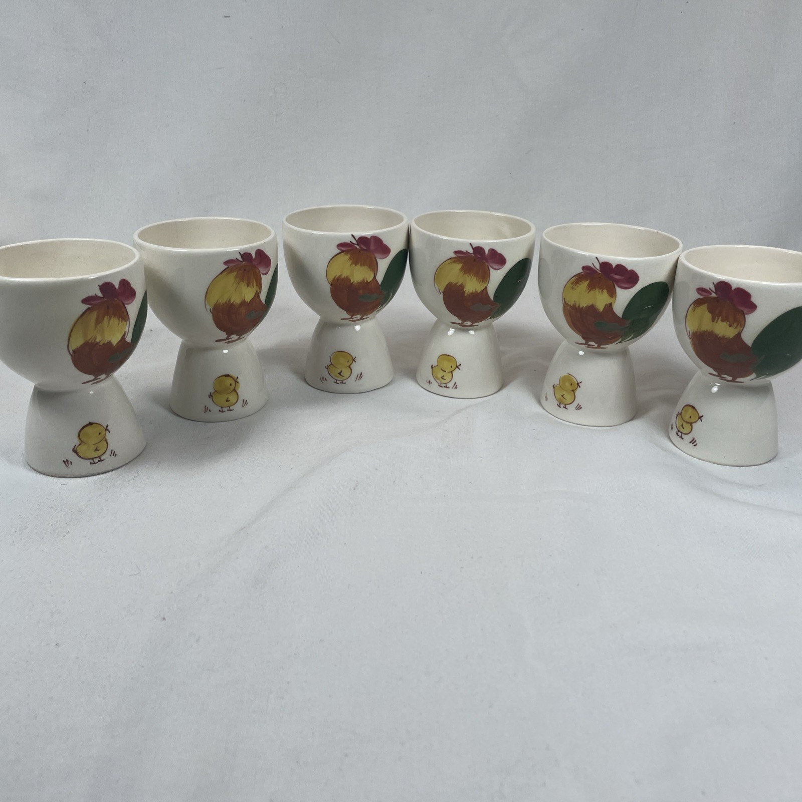 Six (6) MCM VTG Hand Painted Double Egg Cups Chicken Rooster Cottagecore Six (6) MCM VTG Hand Painted Double Egg Cups Chicken Rooster Cottagecore