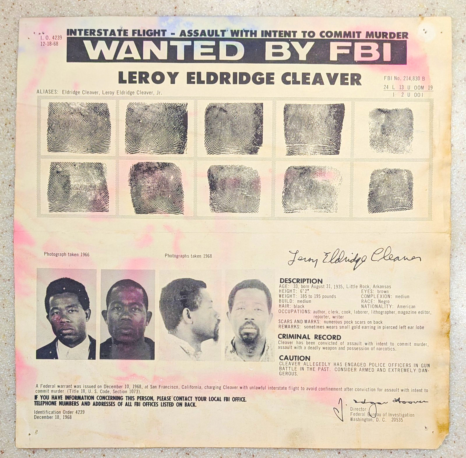 Original FBI Wanted Poster Leroy Eldridge Cleaver 1968 Black Panthers Original FBI Wanted Poster Leroy Eldridge Cleaver 1968 Black Panthers