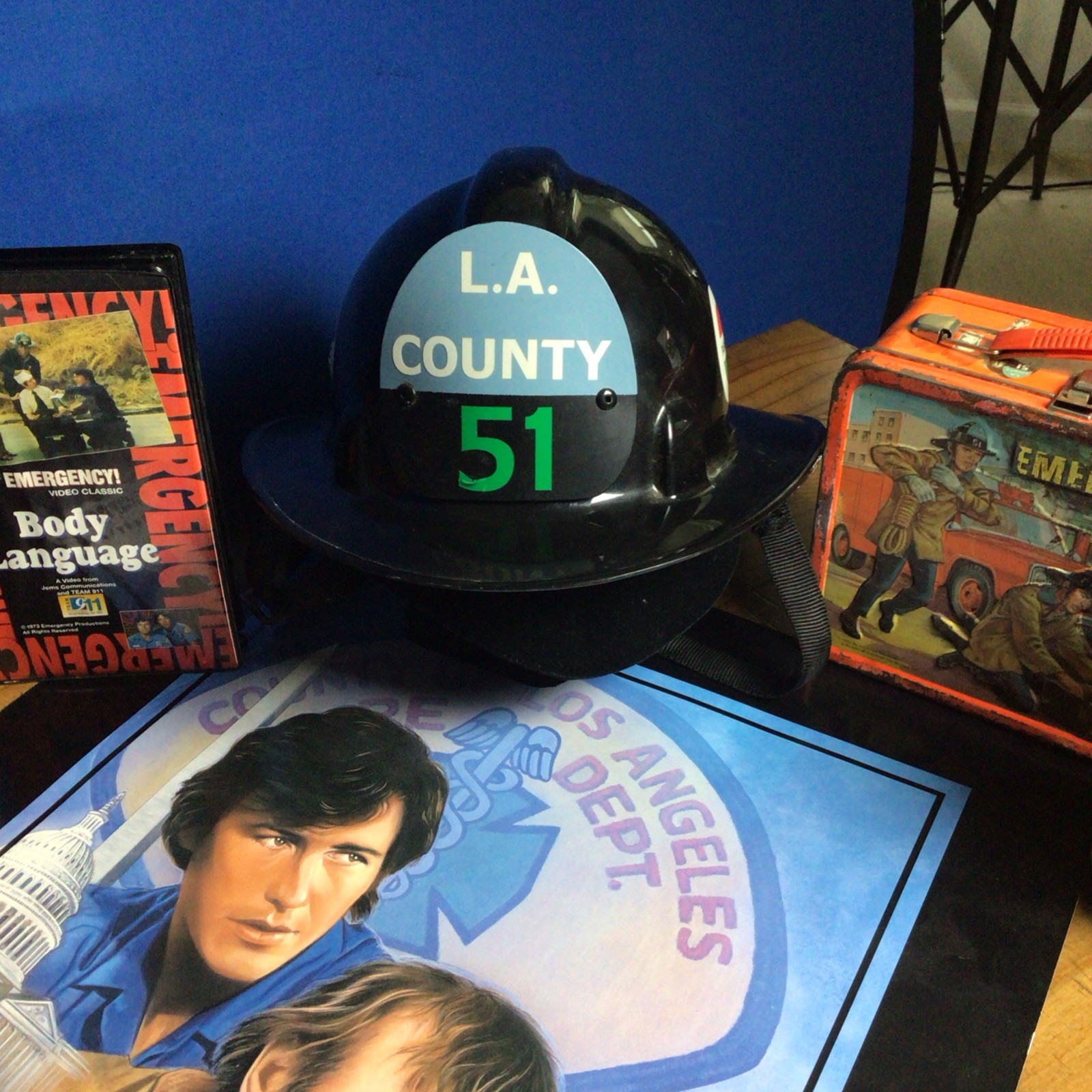 EMERGENCY LA COUNTY SQUAD 51 FIRE HELMET-DVD VHS lunch box Autographed, posters EMERGENCY LA COUNTY SQUAD 51 FIRE HELMET-DVD VHS lunch box Autographed, posters