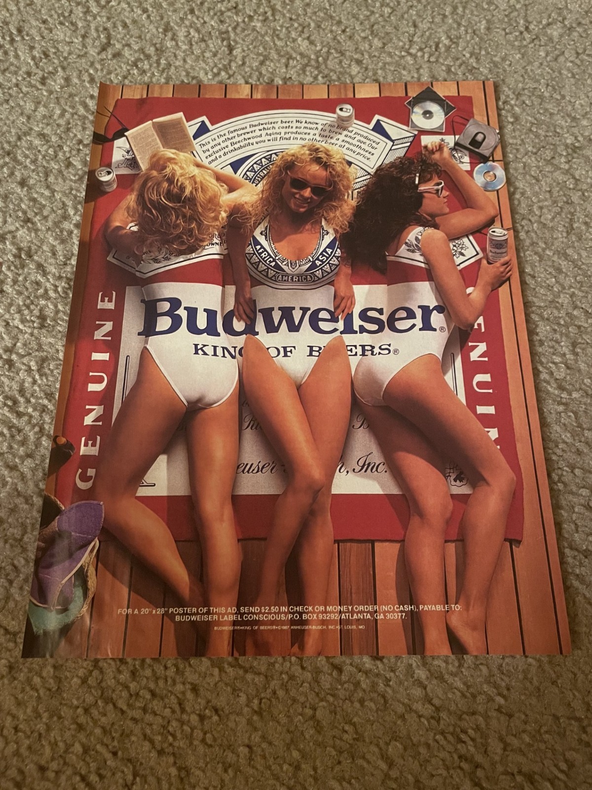Vintage 1980s BUDWEISER BUD GIRLS Poster Print Ad KING OF BEERS BEER TOWEL Vintage 1980s BUDWEISER BUD GIRLS Poster Print Ad KING OF BEERS BEER TOWEL