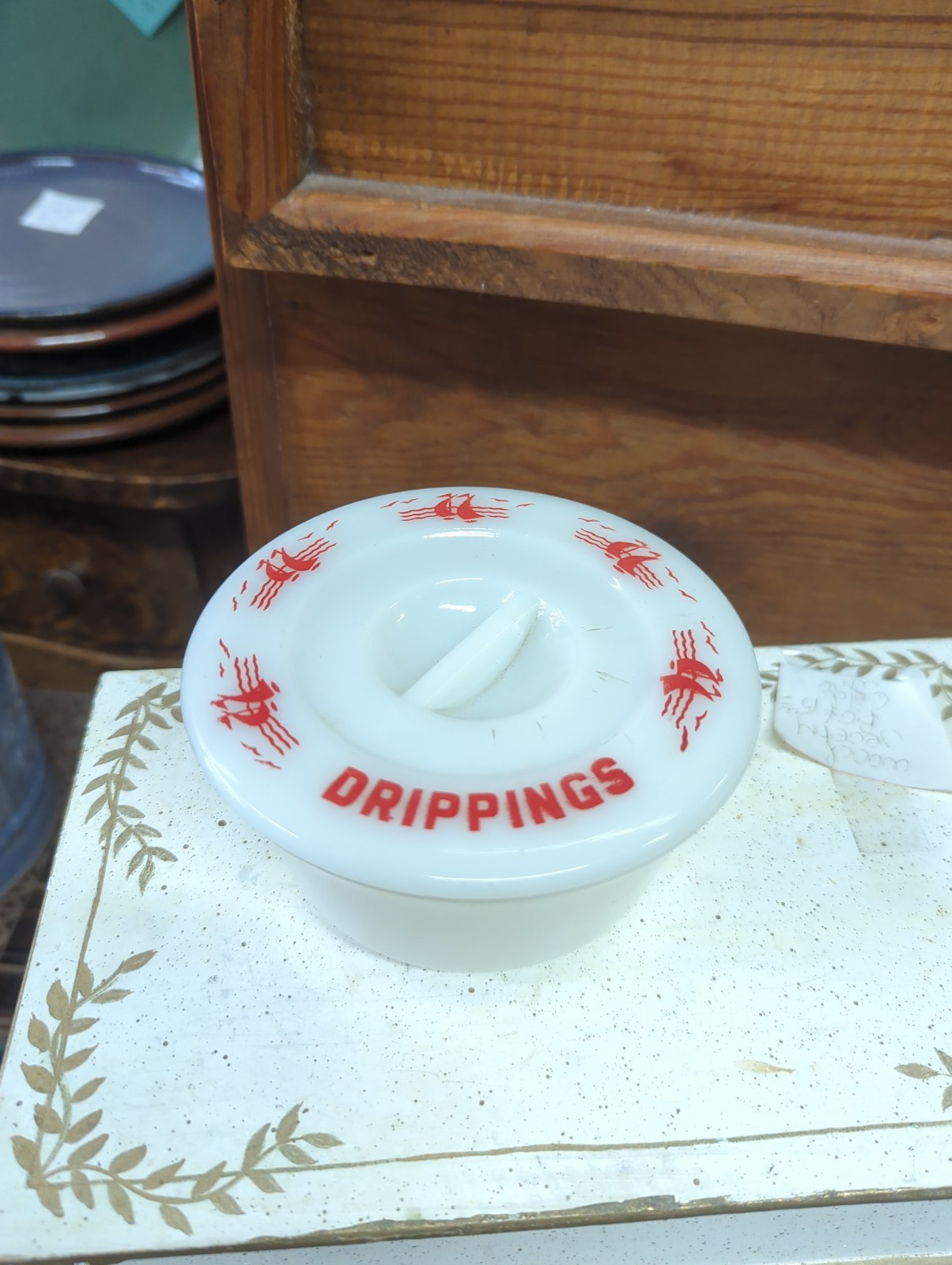 Vintage Mckee Red Ships Milkglass Drippings Jar Bowl W/Lid Refrigerator Dish Vintage Mckee Red Ships Milkglass Drippings Jar Bowl W/Lid Refrigerator Dish