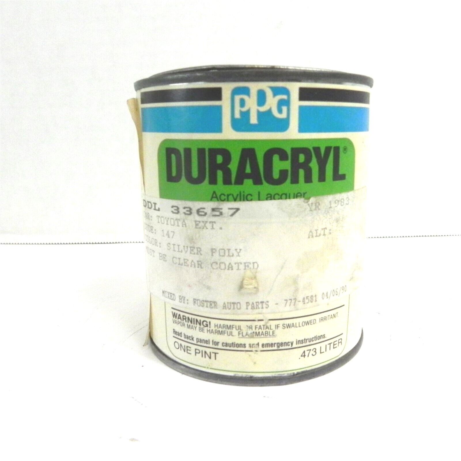 VINTAGE PPG DURACRYL ACRYLIC LACQUER 1 PINT CAN ALMOST EMPTY 1983 TOYOTA SILVER