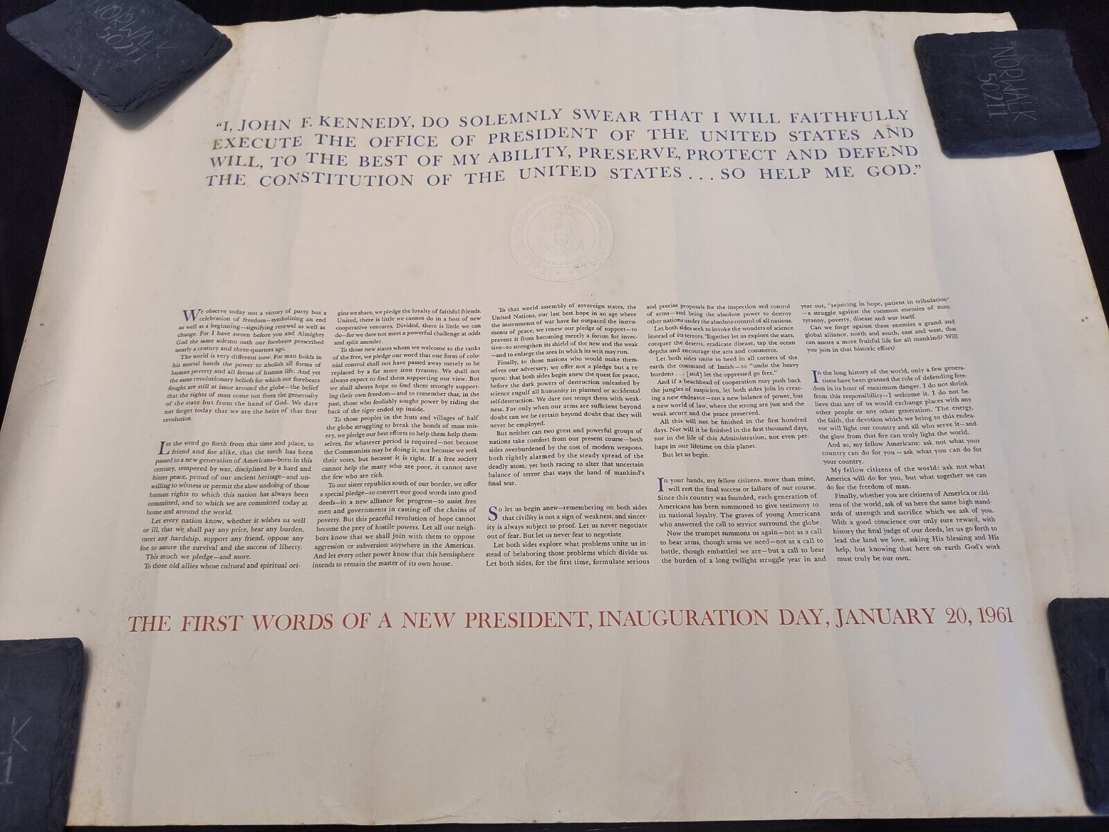 Rand McNally John F Kennedy Speech Poster 1961 January 20 Presidential Seal