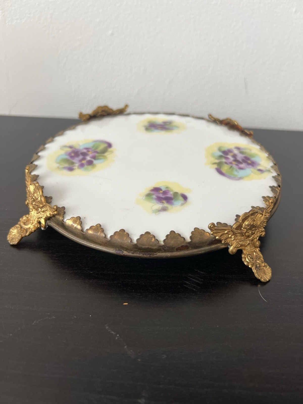 Antique Wm Guerin Limoges Porcelain Table Plateau Ormolu Cherub Feet Violets 7" Antique Wm Guerin Limoges Porcelain Table Plateau Ormolu Cherub Feet Violets 7"