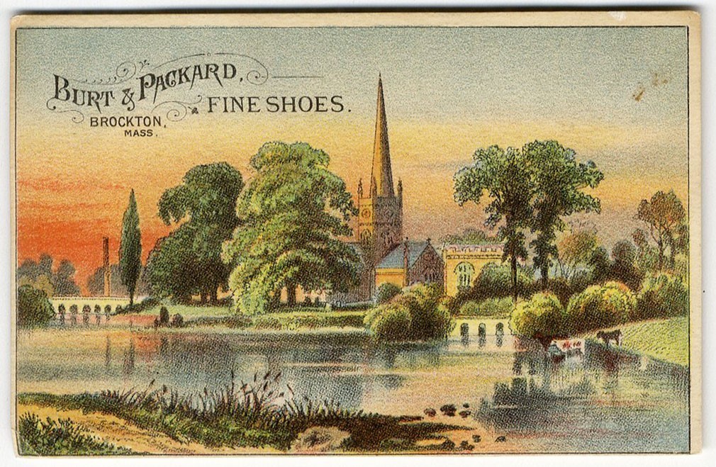 Brockton MA BURT & PACKARD SHOES Country Church 1880's VICTORIAN Trade Card Brockton MA BURT & PACKARD SHOES Country Church 1880's VICTORIAN Trade Card